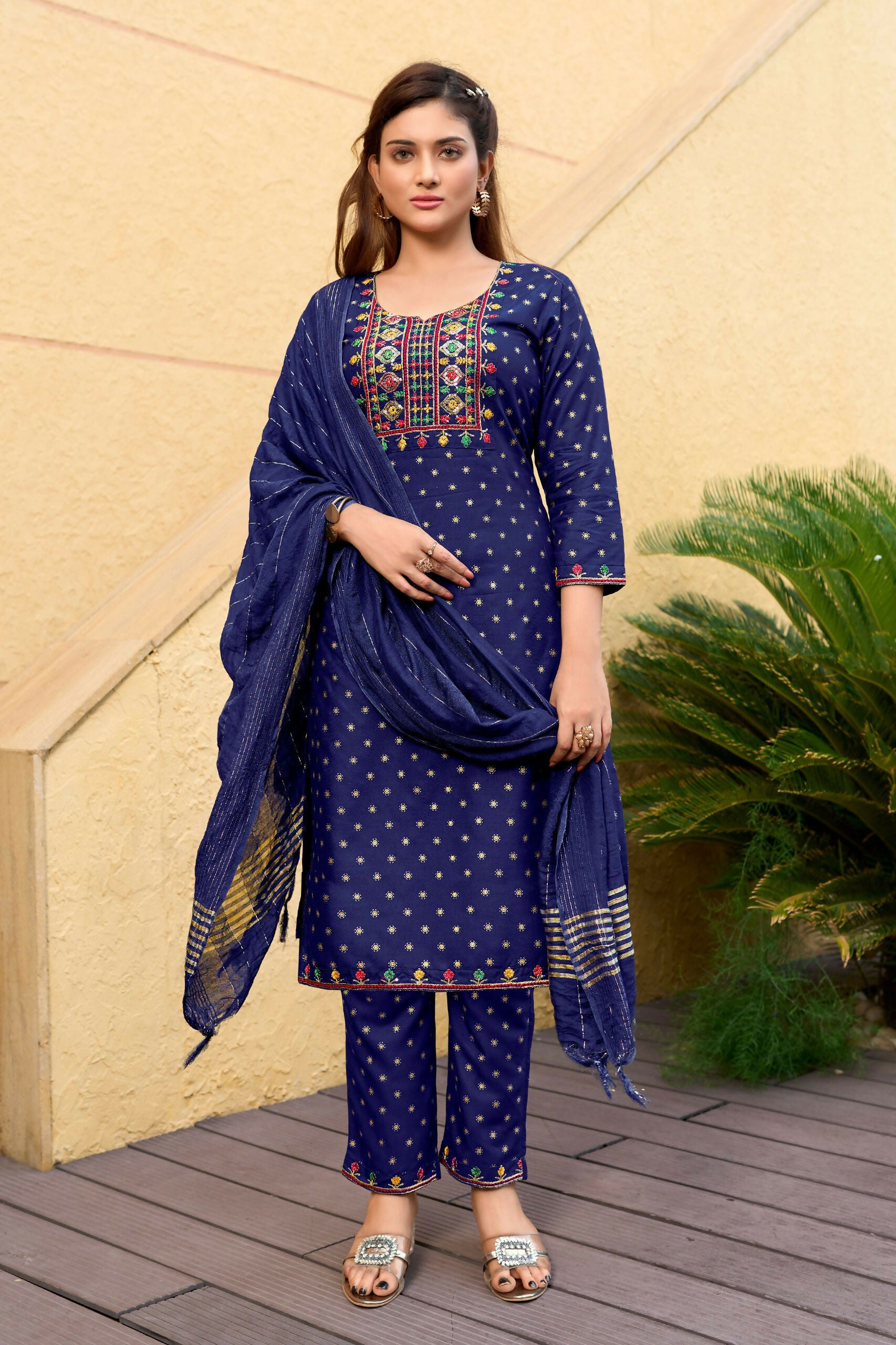 Jyoti Fashion Women's Blue 14KG Rayon Foil Print with Embroidery Kurta Set - Distacart