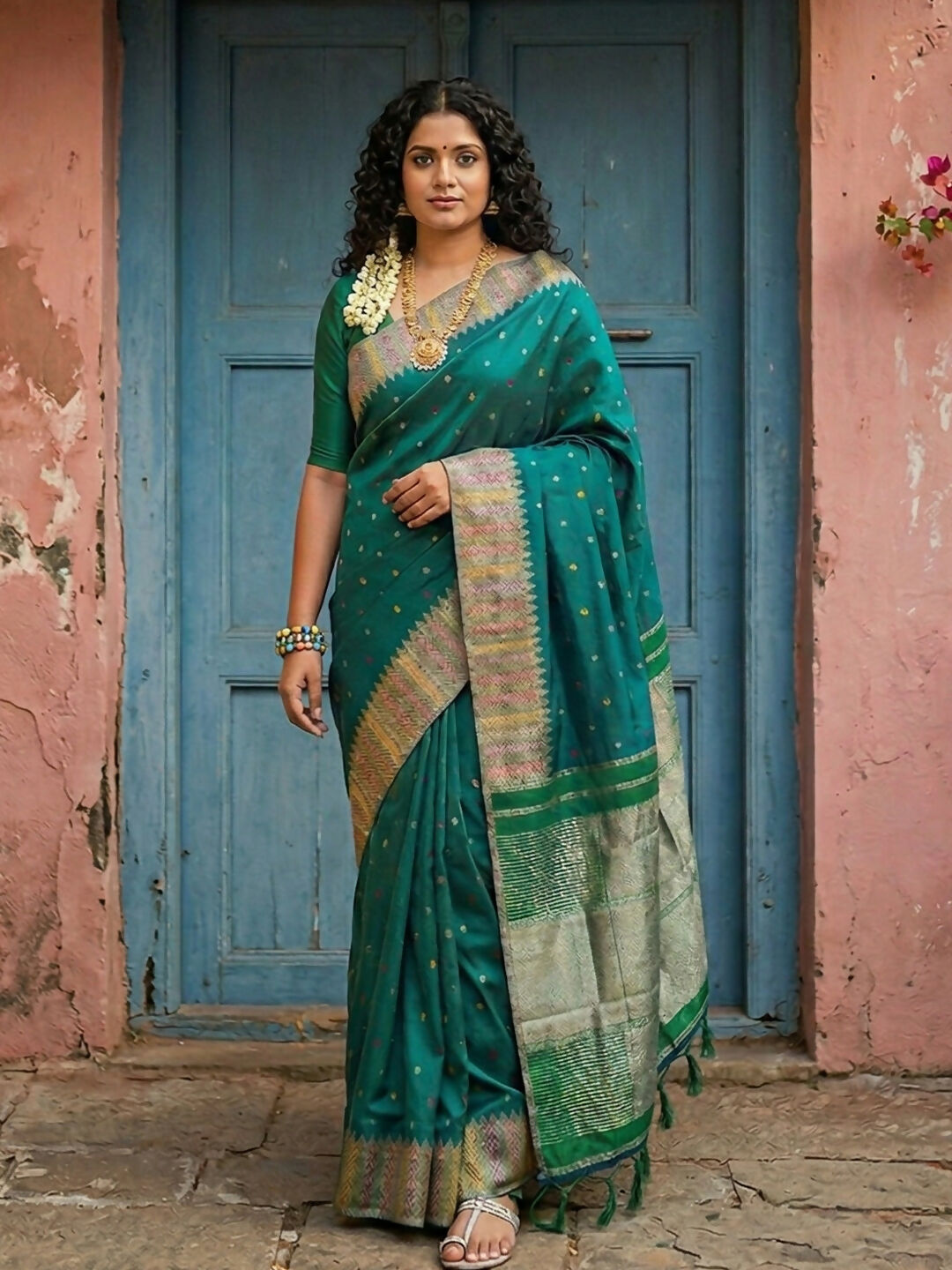 Shree Shyam Fashion Dark Green Silk Blend Saree - Distacart
