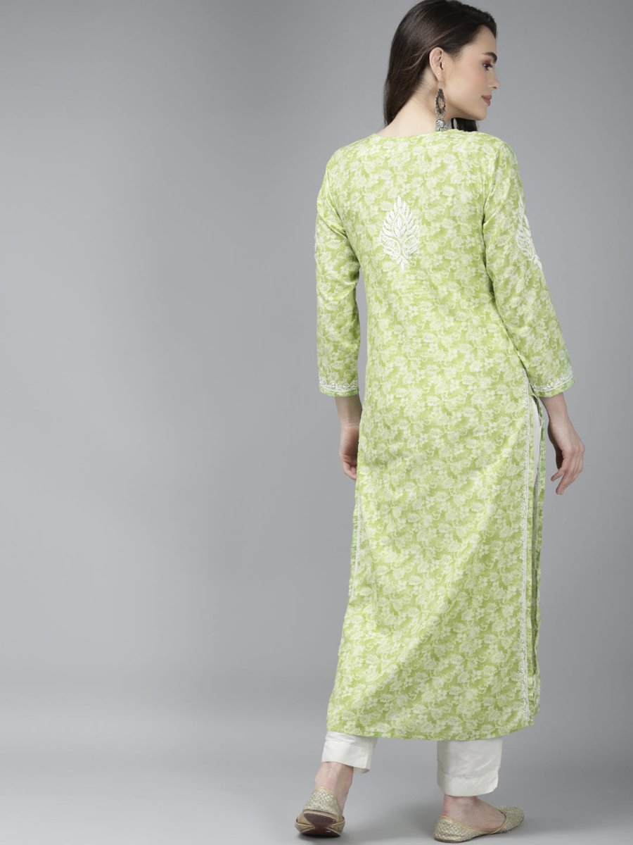 ADA Women Green & White Floral Chikankari Cotton Handloom Kurta - Distacart