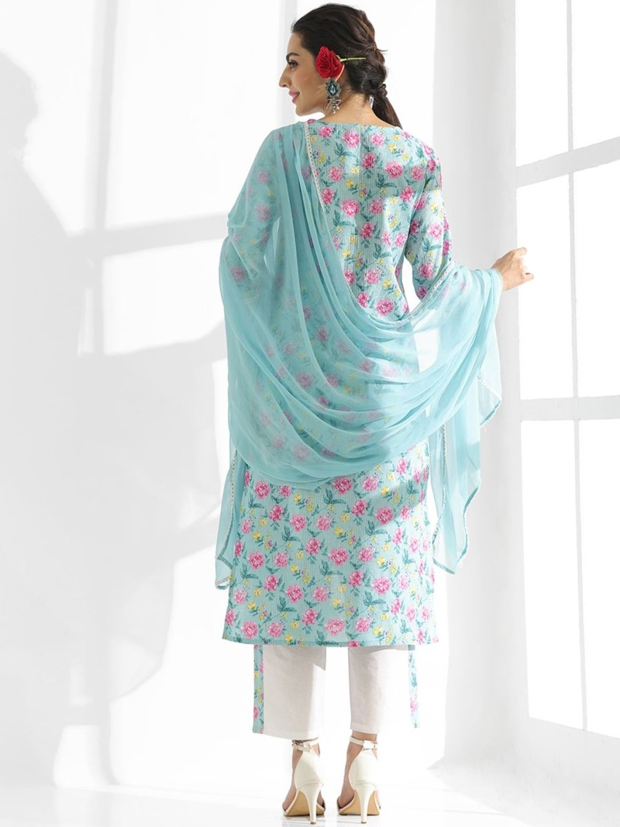 Anouk Floral Printed Regular Kantha Work Pure Cotton Kurta With Trousers & Dupatta