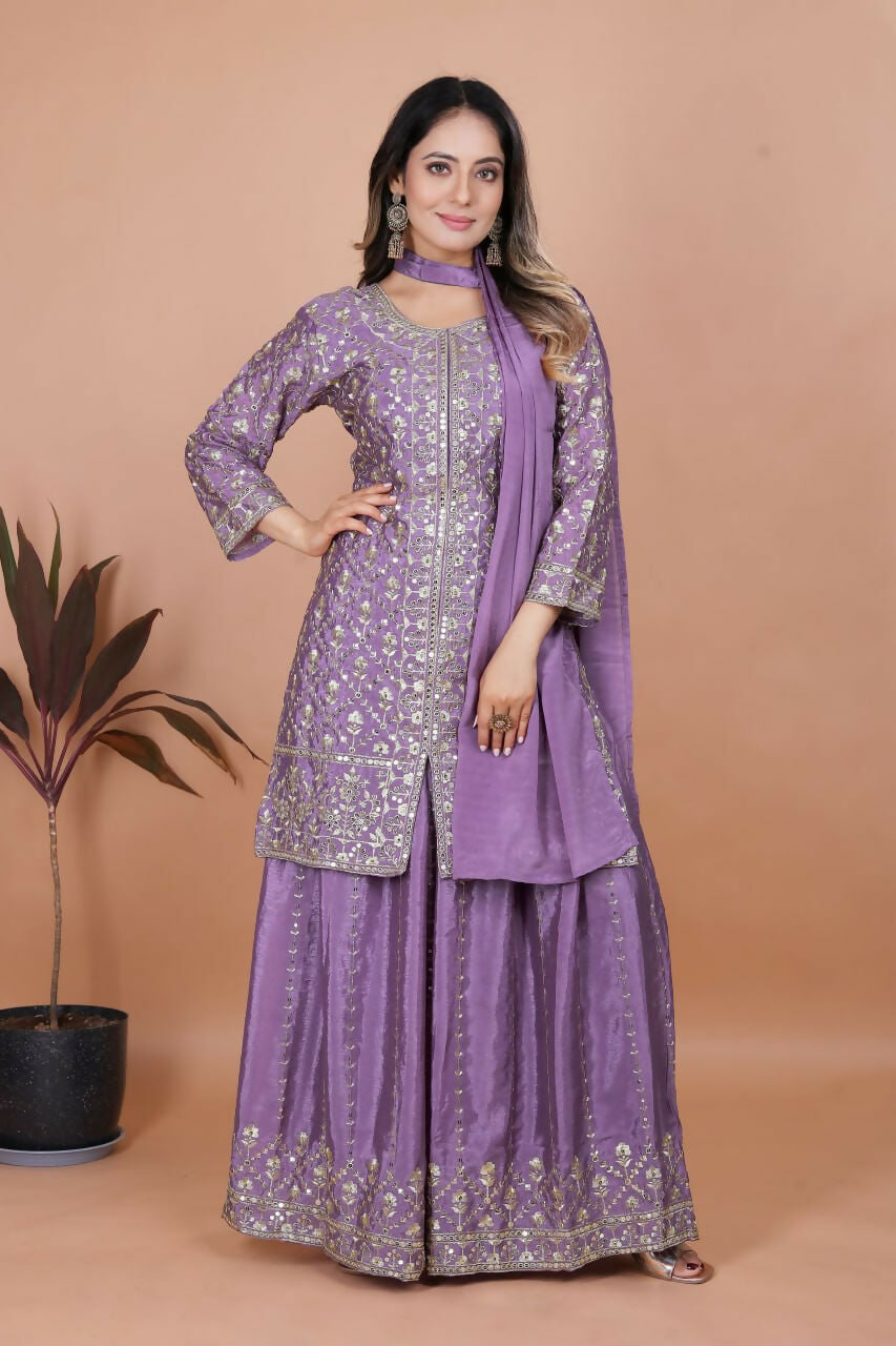 Joban Fashion Purple Silk Embroidered Sharara Set - Distacart