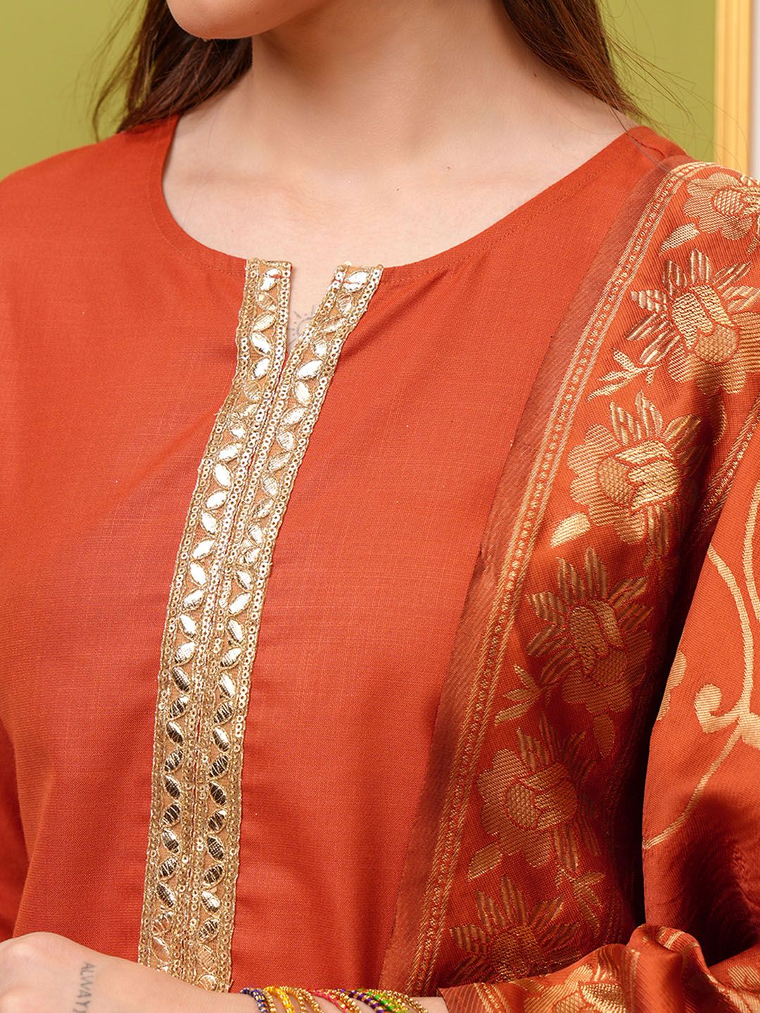 Vishudh Rust Orange Round Neck Embellished Straight Kurta & Trouser With Dupatta - Distacart