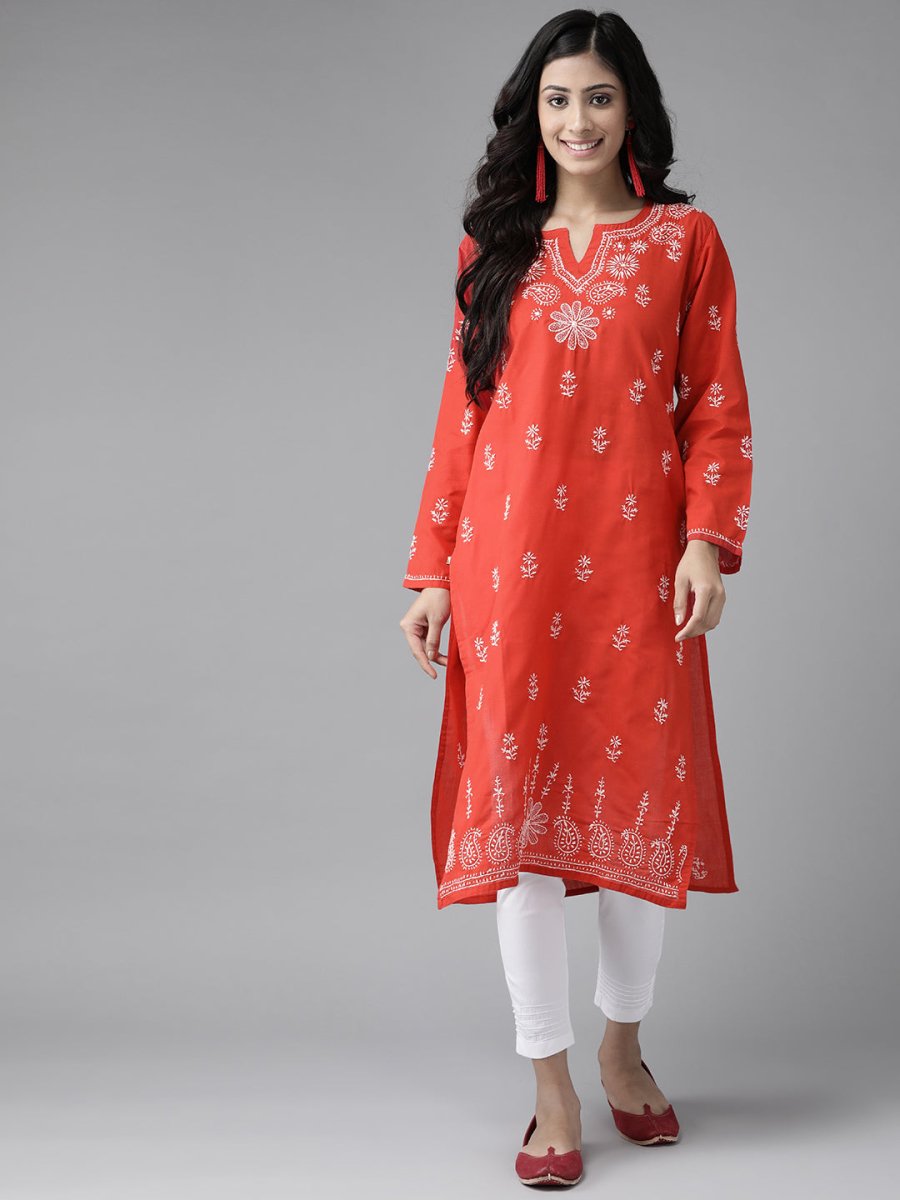 ADA Women Red & White Pure Cotton Chikankari Embroidered Handloom Kurta with Solid Trousers - Distacart