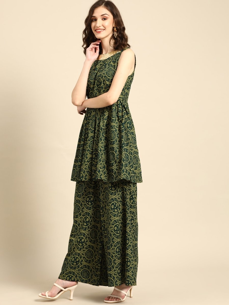 All About You Women Green Bandhani Printed Gathered Sequinned Kurti with Palazzos - Distacart