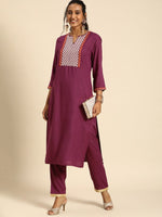 Thumbnail for All About You Women Purple Ethnic Motifs Yoke Design Regular Thread Work Kurta with Trousers - Distacart
