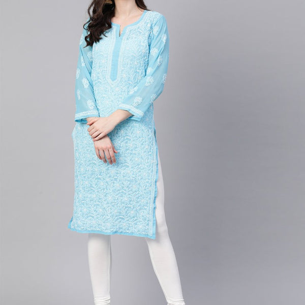 ADA Women Blue & White Chikankari Embroidered Sheer Straight Sustainable Handloom Kurta - Distacart