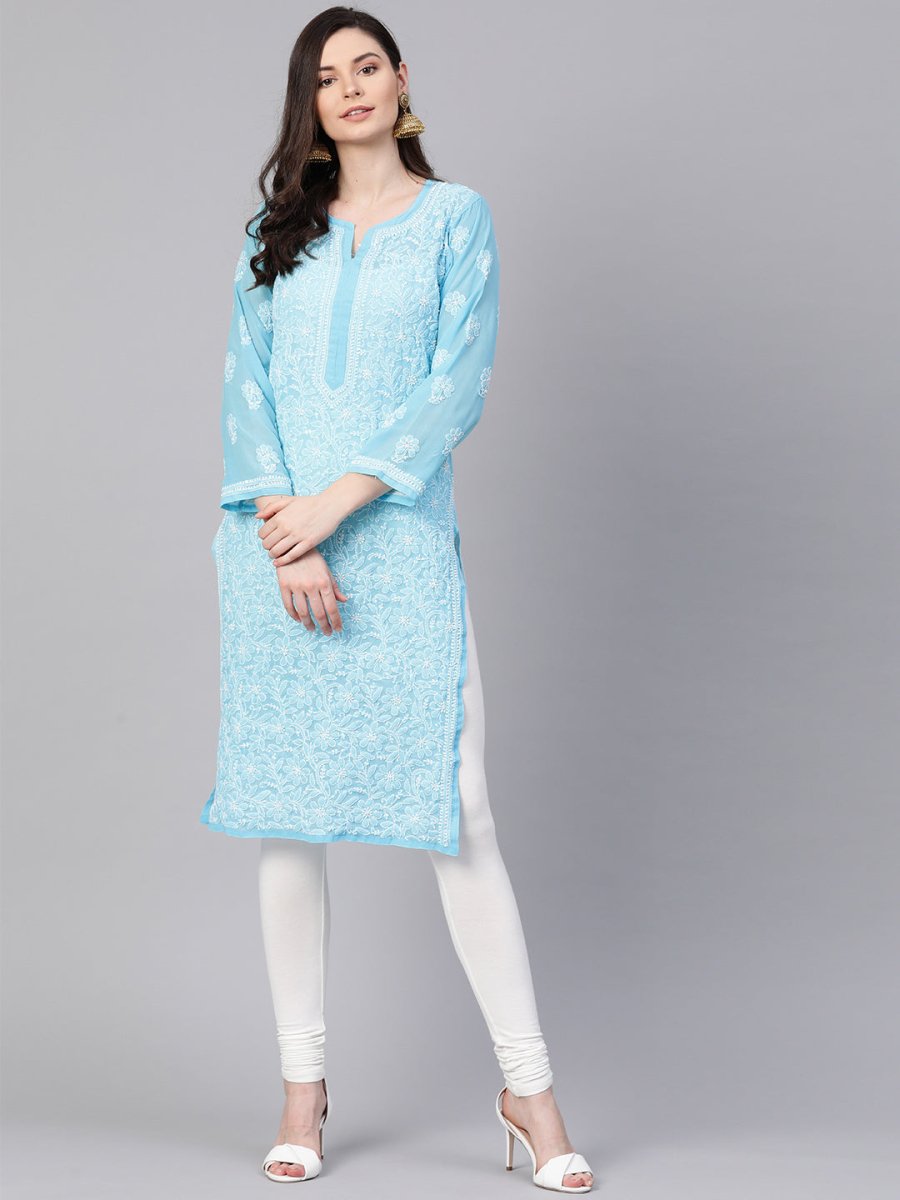 ADA Women Blue & White Chikankari Embroidered Sheer Straight Sustainable Handloom Kurta - Distacart