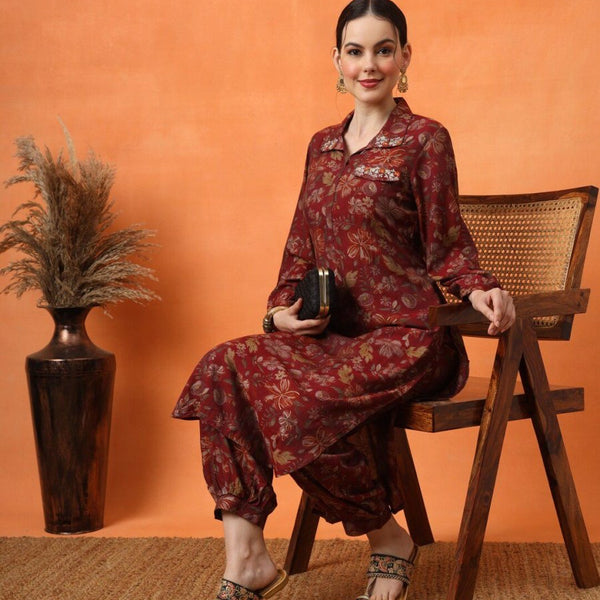 Anouk Floral Embroidered Regular Thread Work Kurta with Trousers - Distacart