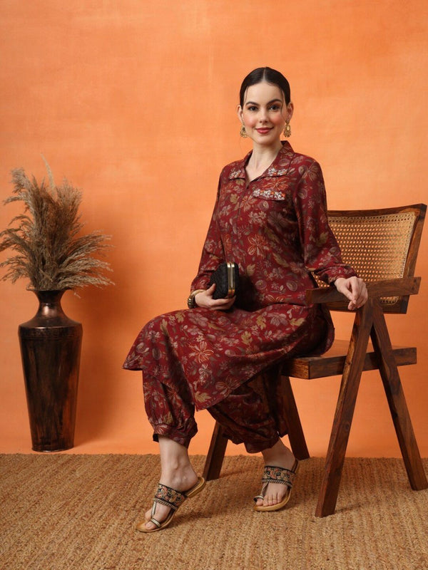 Anouk Floral Embroidered Regular Thread Work Kurta with Trousers