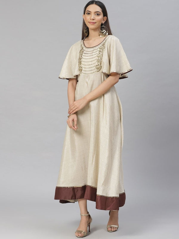 AURELIA Women Off-White & Golden Checked A-Line Dress