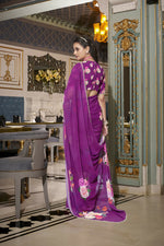Thumbnail for Vastranavya Purple Spectacular Georgette Printed with Pearl Lace Saree with Unstitched Blouse - Distacart