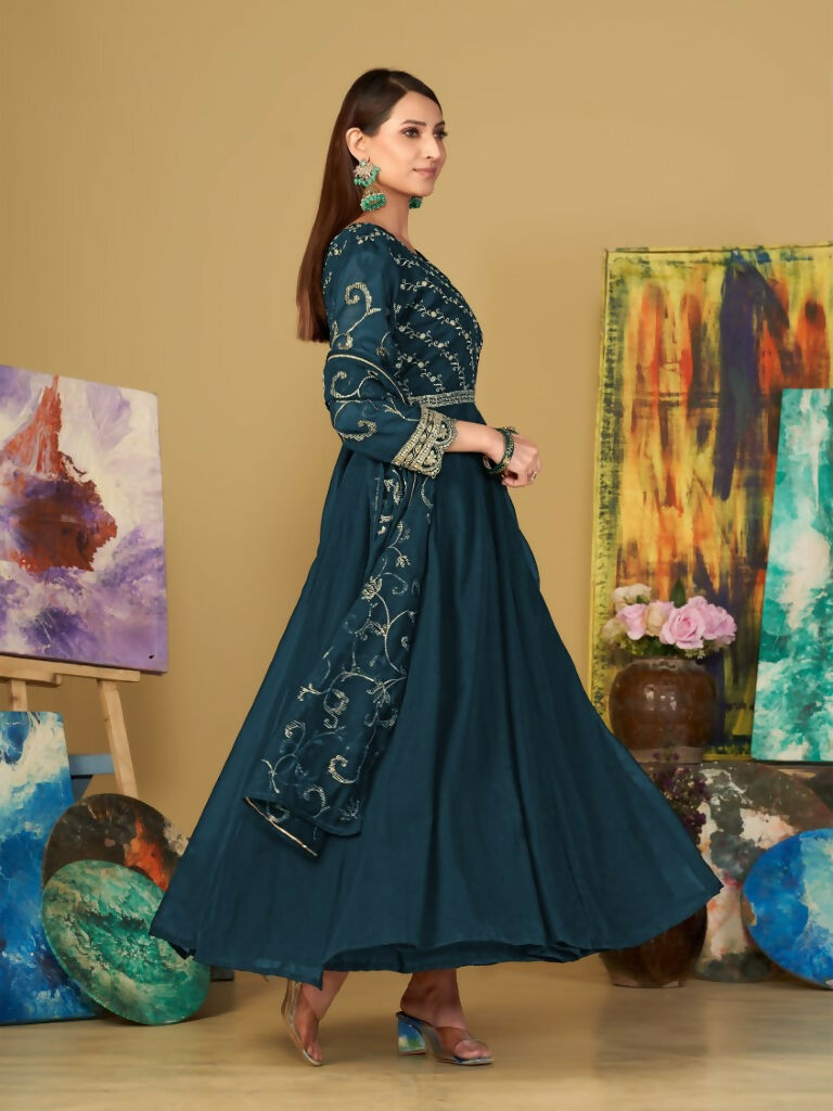 Jyoti Fashion Women's Teal Georgette Embroidered Anarkali Kurta Pant Set With Dupatta - Distacart