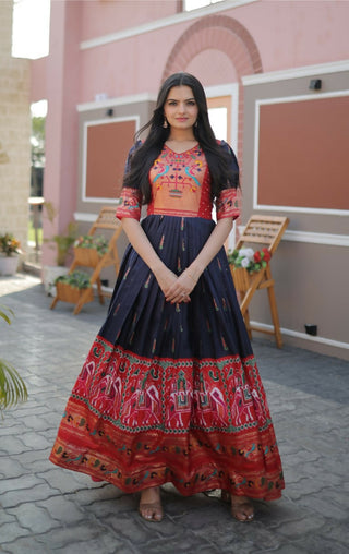 Jyoti Fashion Women's Navy Blue Patola with Foil Print Dola Silk Anarkali Dress - Distacart