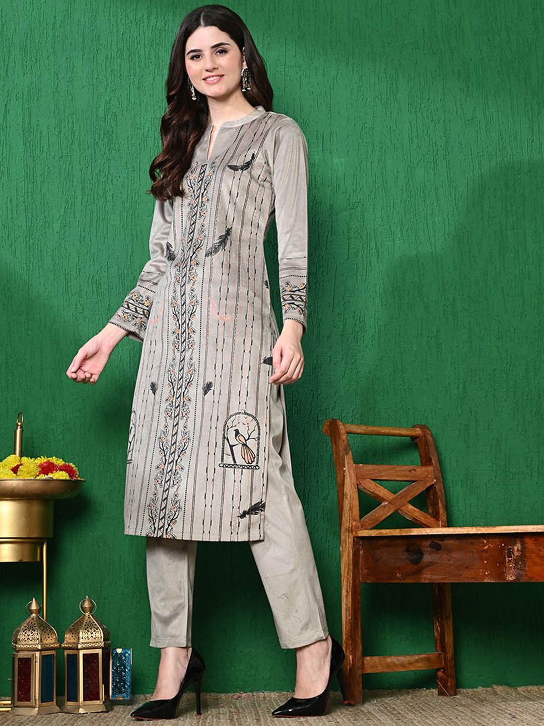 Sangria Printed Winter Velvet Kurta With Trouser