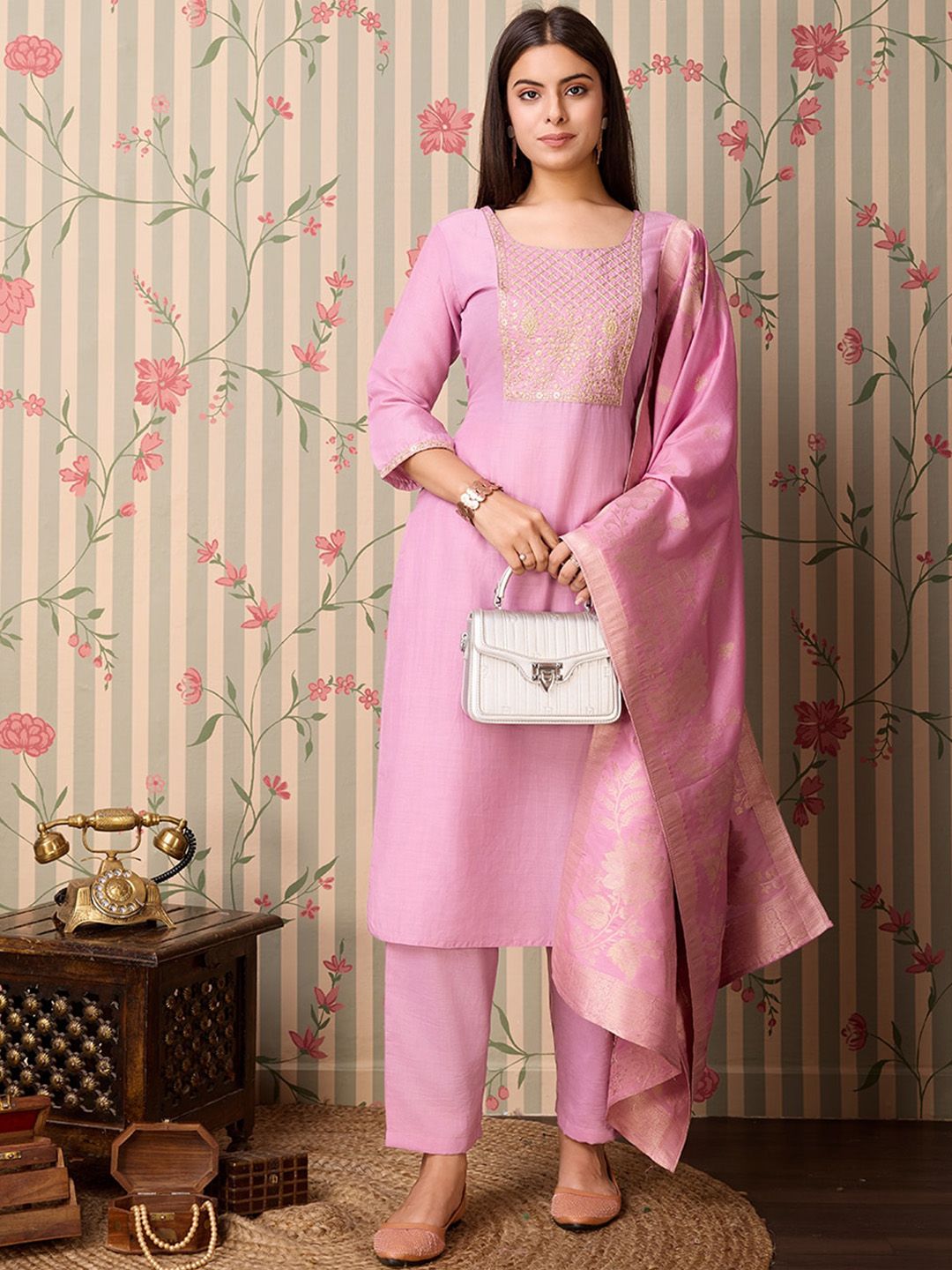 Ode by House of Pataudi Yoke Design Regular Thread Work Kurta with Trousers & With Dupatta - Distacart