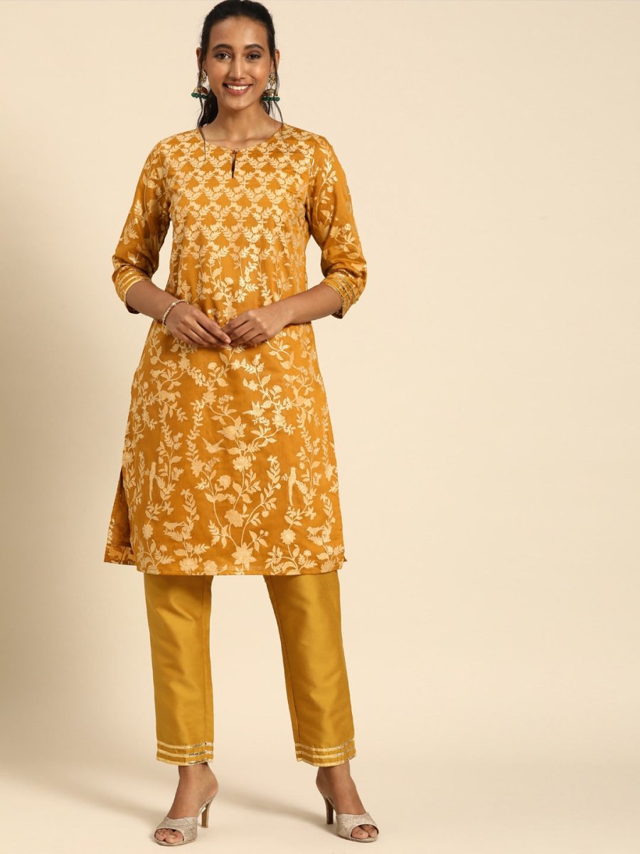 All About You Women Mustard Yellow Ethnic Motifs Printed Regular Kurta with Trousers - Distacart