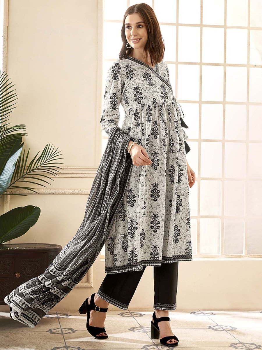 Anouk Ethnic Motifs Printed Angrakha Pure Cotton Kurta with Palazzos & With Dupatta