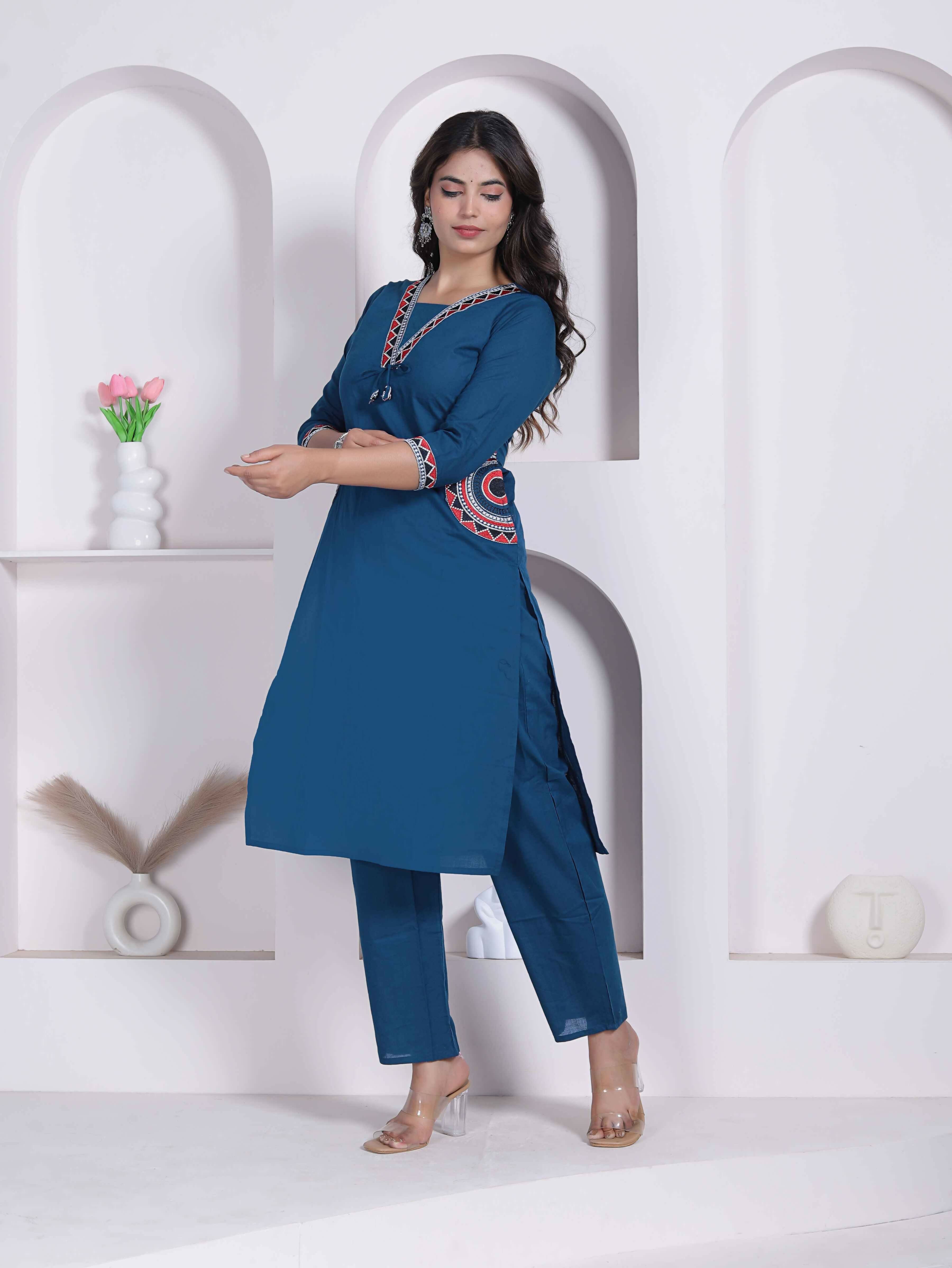 Miravan Womens Blue Straight Kurta With Palazzo Set - Dista