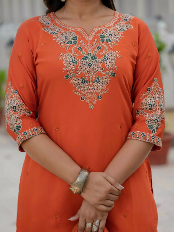 Preksha Creation Wedding Special Premium Roman Silk Coding Embroidery With Sequins Work Kurti Dupatta With Pant