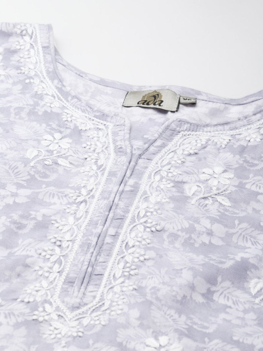 ADA Women Grey & White Floral Chikankari Cotton Handloom Kurta - Distacart