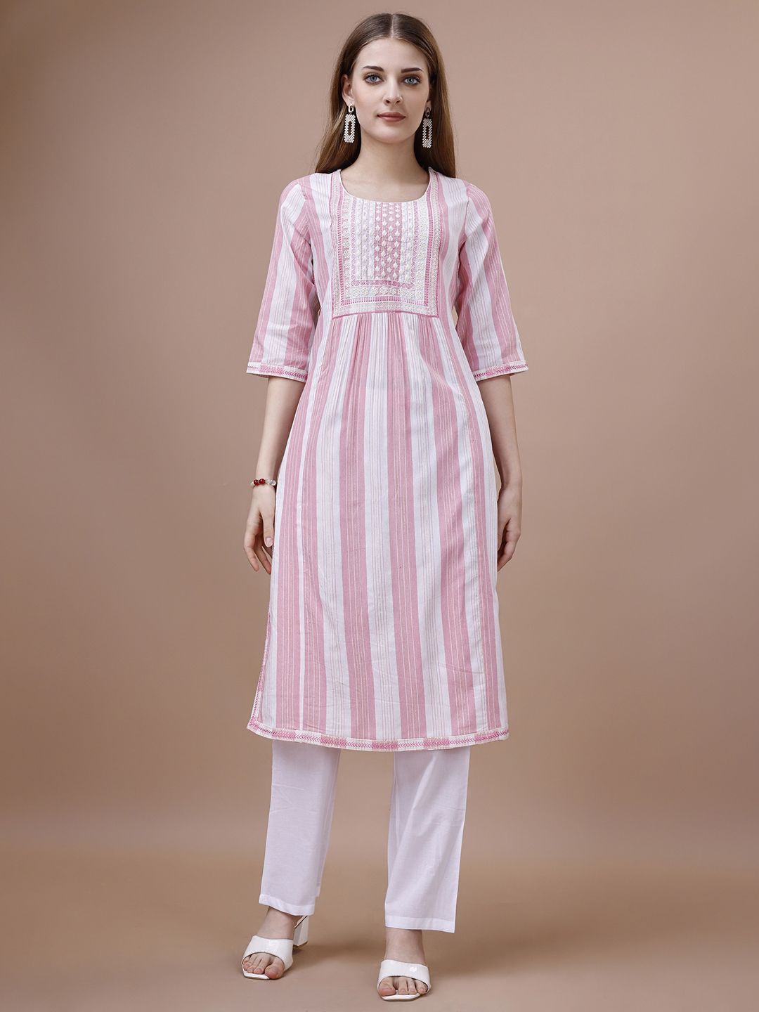 Ode by House of Pataudi Pink Ethnic Motifs Striped Kurta - Distacart