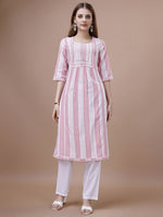 Thumbnail for Ode by House of Pataudi Pink Ethnic Motifs Striped Kurta - Distacart
