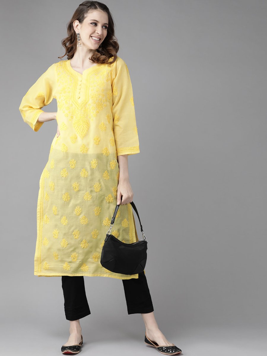 ADA Women Yellow & Black Chikankari Embroidered Handloom Kurta with Cotton Trousers - Distacart