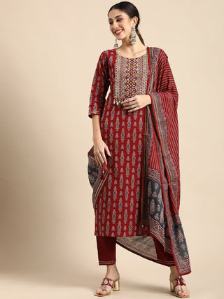 Anouk Women Red Ethnic Motifs Embroidered Pure Cotton Kurta with Salwar & With Dupatta - Distacart