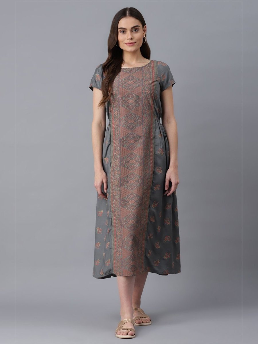 AURELIA Grey Floral Ethnic A-Line Midi Dress - Distacart