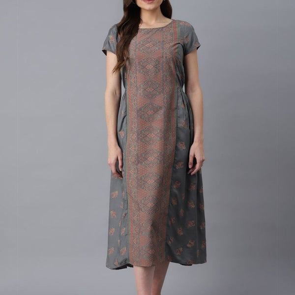 AURELIA Grey Floral Ethnic A-Line Midi Dress - Distacart