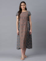 Thumbnail for AURELIA Grey Floral Ethnic A-Line Midi Dress