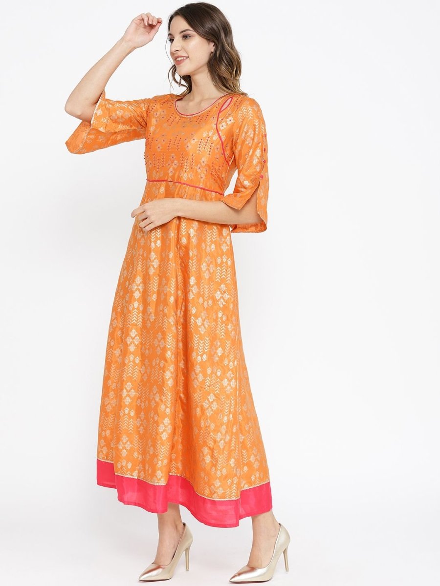 AURELIA Women Orange & Golden Printed A-Line Dress