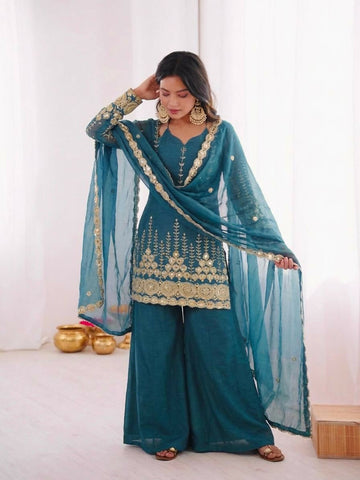 Teeya Creation New Trendy Women’s Ethnic Wear Kurta Sharara Set - Blue - Dista