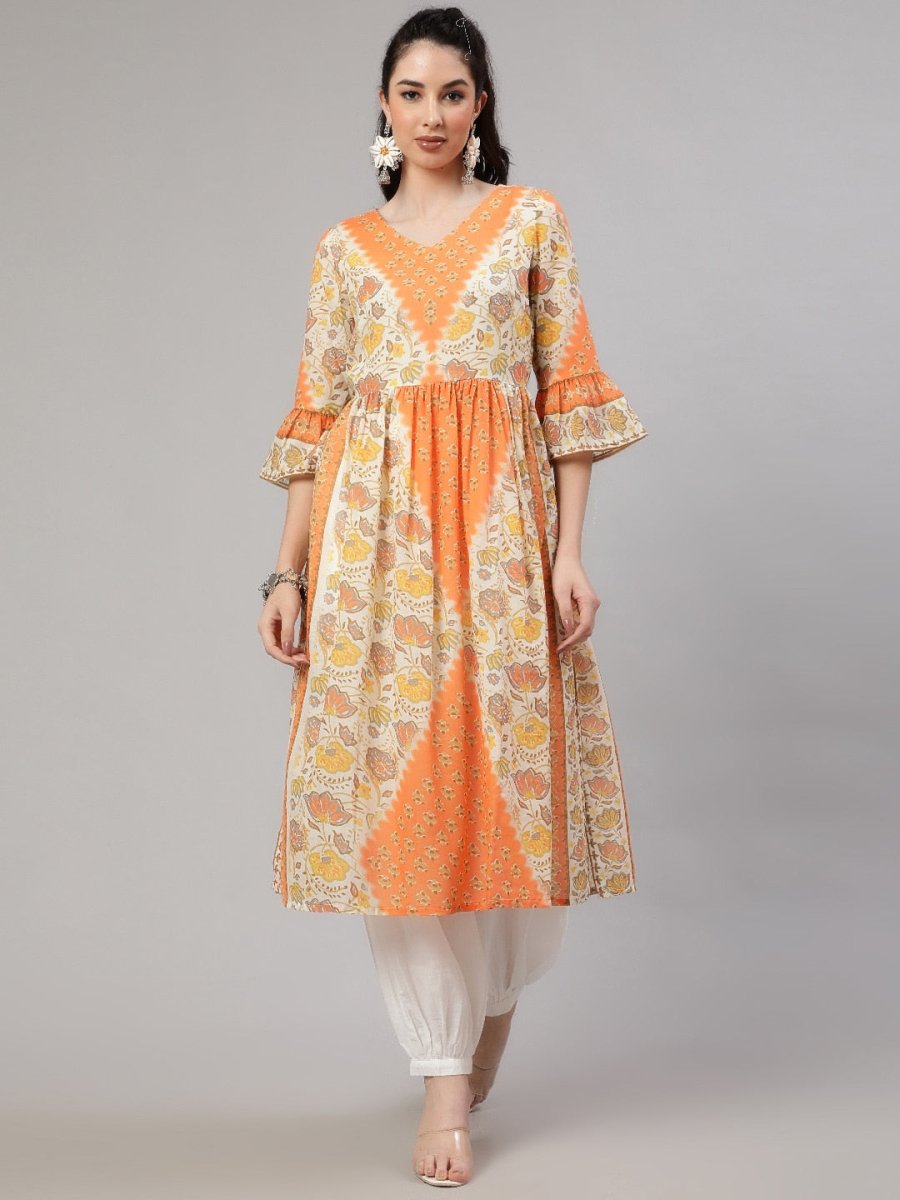 Aks Floral Printed V-Neck Bell Sleeves Pleated Cotton Kurta - Distacart
