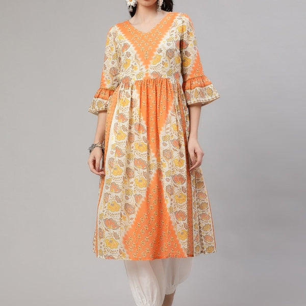 Aks Floral Printed V-Neck Bell Sleeves Pleated Cotton Kurta - Distacart