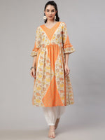 Thumbnail for Aks Floral Printed V-Neck Bell Sleeves Pleated Cotton Kurta - Distacart