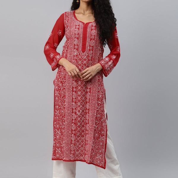 ADA Women Red & White Hand Embroidered Chikankari Sustainable Handloom Kurta With Matching Slip - Distacart