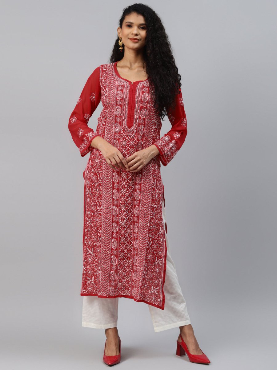 ADA Women Red & White Hand Embroidered Chikankari Sustainable Handloom Kurta With Matching Slip - Distacart