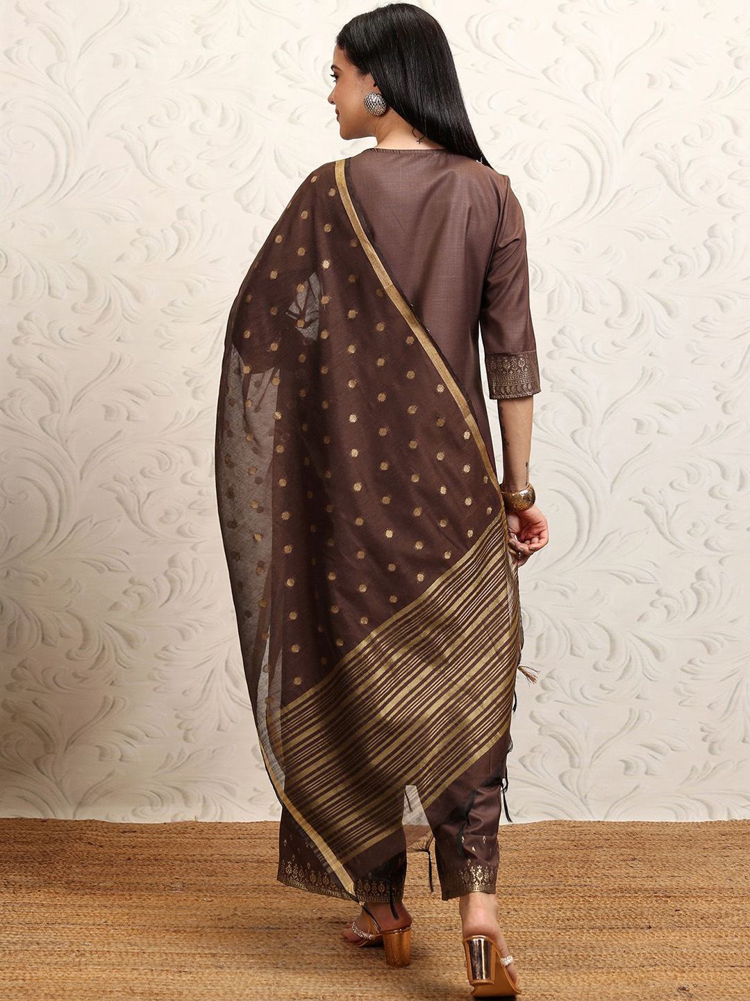 Vishudh Brown Ethnic Motifs Printed Keyhole Neck Straight Kurta With Palazzos & Dupatta