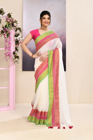 Piyari Fashion Women's Off White Embellished Zari Border Cotton Saree - Dista