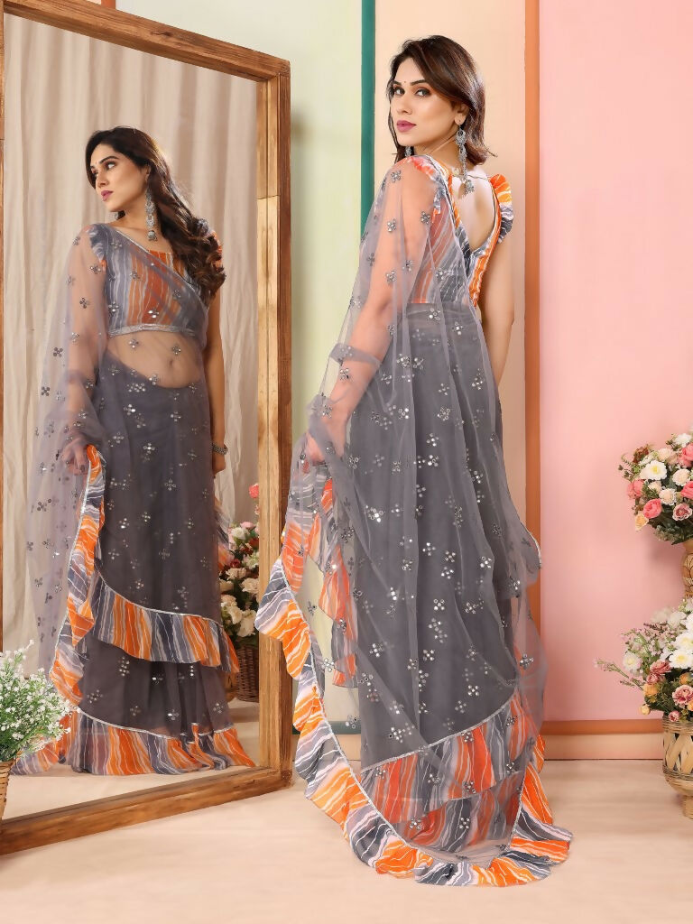 Partywear Designer Grey Net Fancy Saree - Dyuti - Distacart