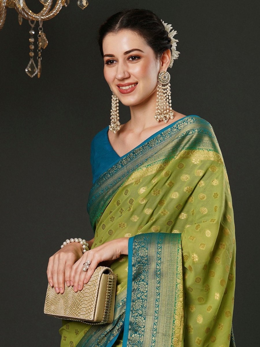 Anouk Green Ethnic Motifs Woven Design Zari Pure Georgette Kanjeevaram Saree - Distacart