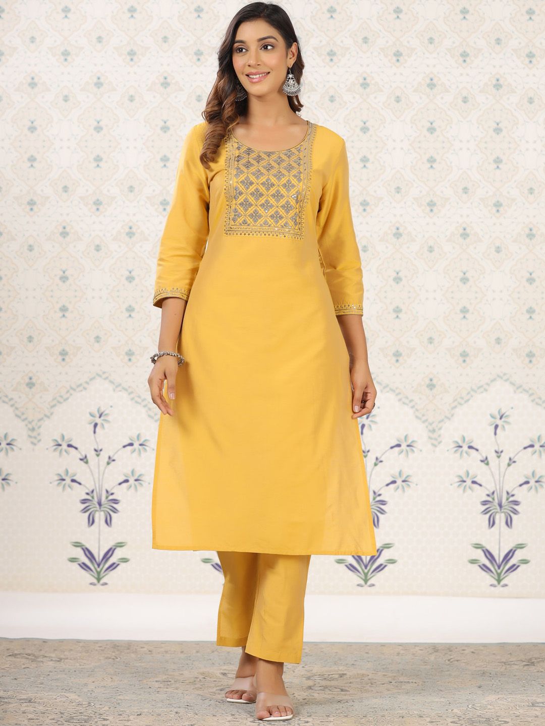 Ode by House of Pataudi Ethnic Motifs Yoke Design Thread Work Straight Kurta with Trousers - Distacart