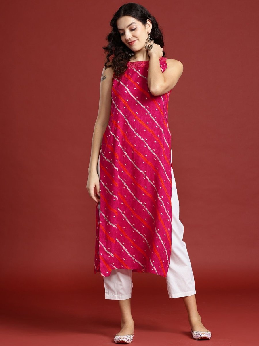 Anouk Leheriya Printed Halter Neck Thread Work Kurta