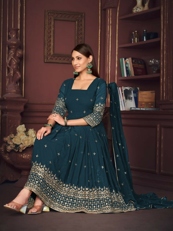 Jyoti Fashion Women's Rama Georgette Embroidered Anarkali Kurta Pant Set With Dupatta - Distacart