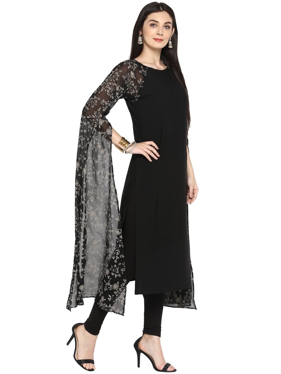 Ahalyaa Women's Black Georgette Rubber Glitter Print Kurta