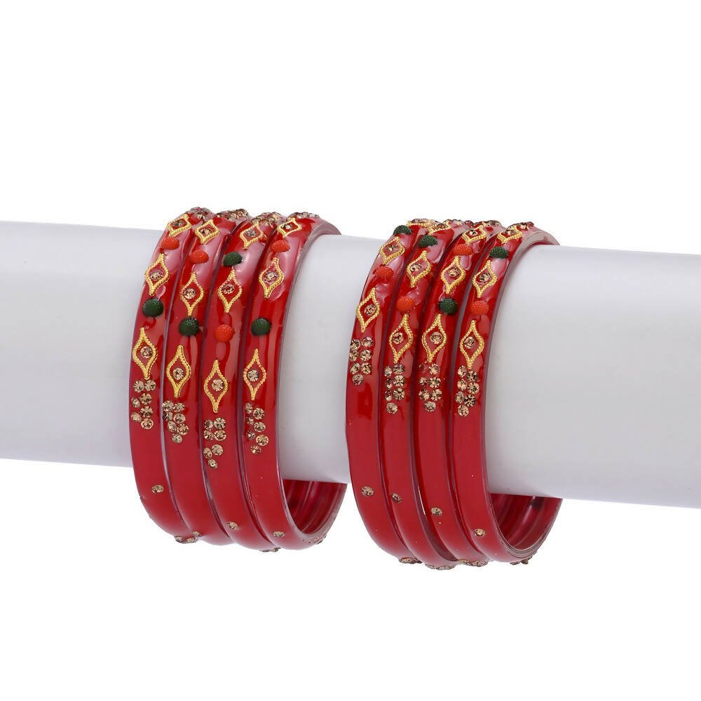 Afast Designer Fancy Party Bangle/ Kada Set, Red, Glass, Pack Of 8 - Distacart