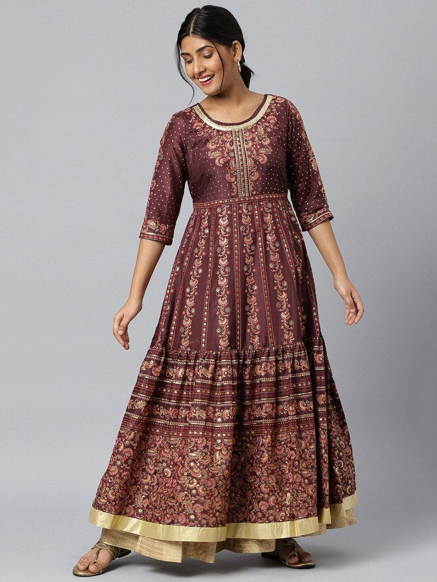 AURELIA Maroon Ethnic Motifs Maxi Dress - Distacart