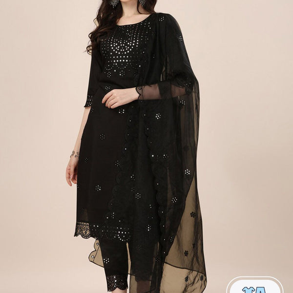 Kalini Embroidered Mirror Work Chanderi Cotton Kurta With Trousers & Dupatta - Distacart