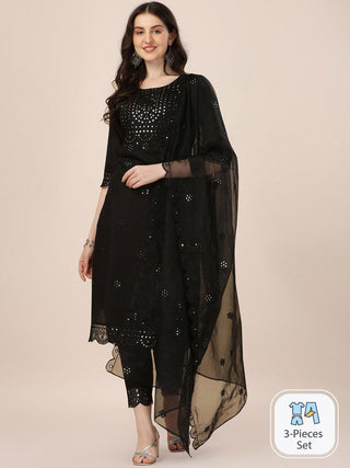 Kalini Embroidered Mirror Work Chanderi Cotton Kurta With Trousers & Dupatta - Distacart